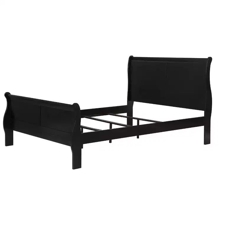 Okak 56 Full Sleigh Bed Solid Wood Youth Bed Frame with Headboard/Footboard, Low Profile Safe Design for Kids Room, Black