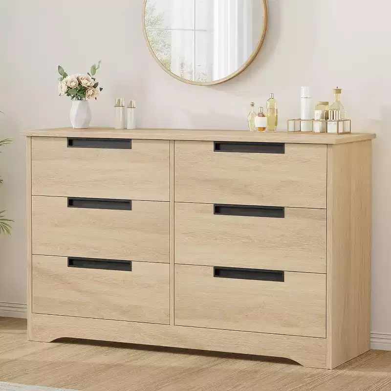 6-Drawer Natural Wood Double Dresser - Modern Storage with Recessed Handles for Bedroom or Living Room