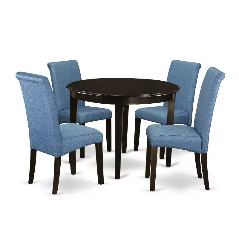 Small Round Kitchen Table Set 5 Piece - Linen Blue Chairs & Cappuccino Legs - Modern Dining Room Table