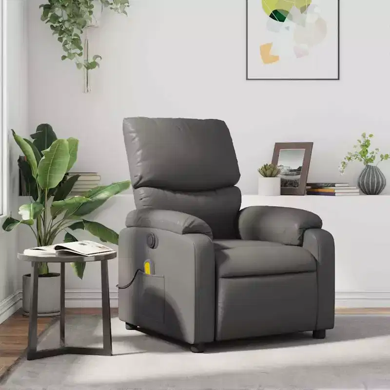 Leather Massage Recliner Chair with 6-Point Vibration, Adjustable Back & Footrest, Side Pocket – Gray