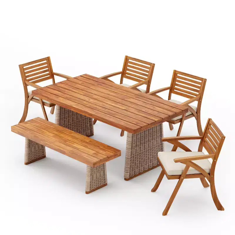 Christopher Knight Home Clara Rustic 6 Piece Outdoor Rattan Slatted Acacia Wood Dining Set with Cushions