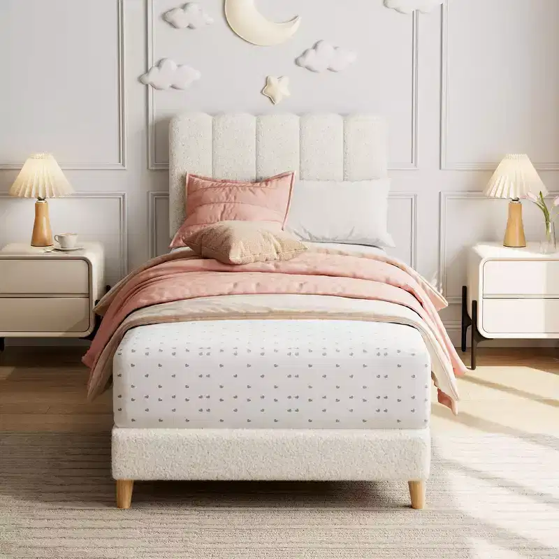 XL Bed Frame, Boucle Upholstered Platform Bed with Wave Headboard for Girls/Kids, Easy Assembly, Wooden Slats Support, No Box Spring Needed