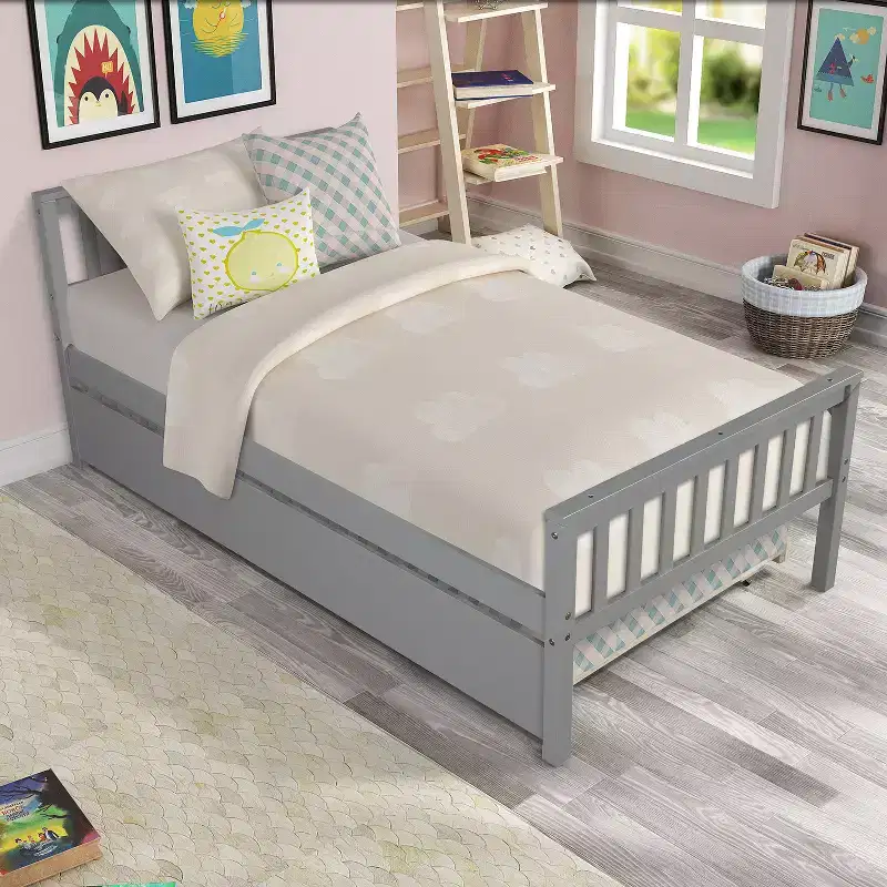 MAYEERTY Twin Platform Bed with Trundle with Headboard Footboard Gray for Bedroom