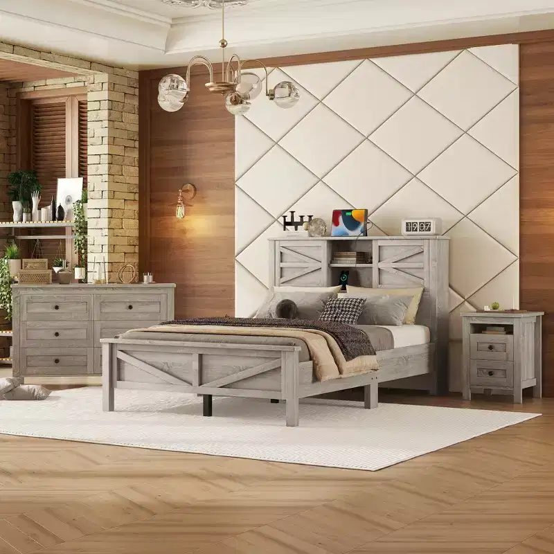 3-Piece Farmhouse Bedroom Sets, Full/Queen Size Platform Bed with Storage Nightstand and Dresser 4W - ModernLuxe
