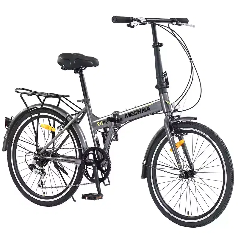 Okak 24IN Folding Bike with 7 Speed and Steel Frame, Cruiser Bikes with Rear Shelf and Mudguard, Adult Bike for Traval and Commuting