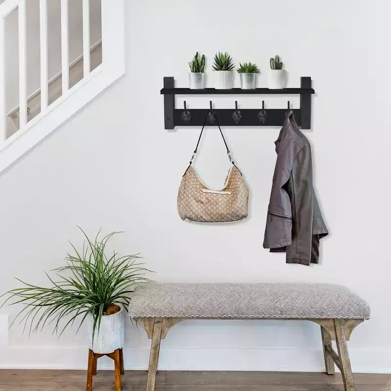 24 Inch Floating Wall Shelf with 5 Heavy Duty Hooks for Entryway, Bathroom, Bedroom, Kitchen, or Mudroom