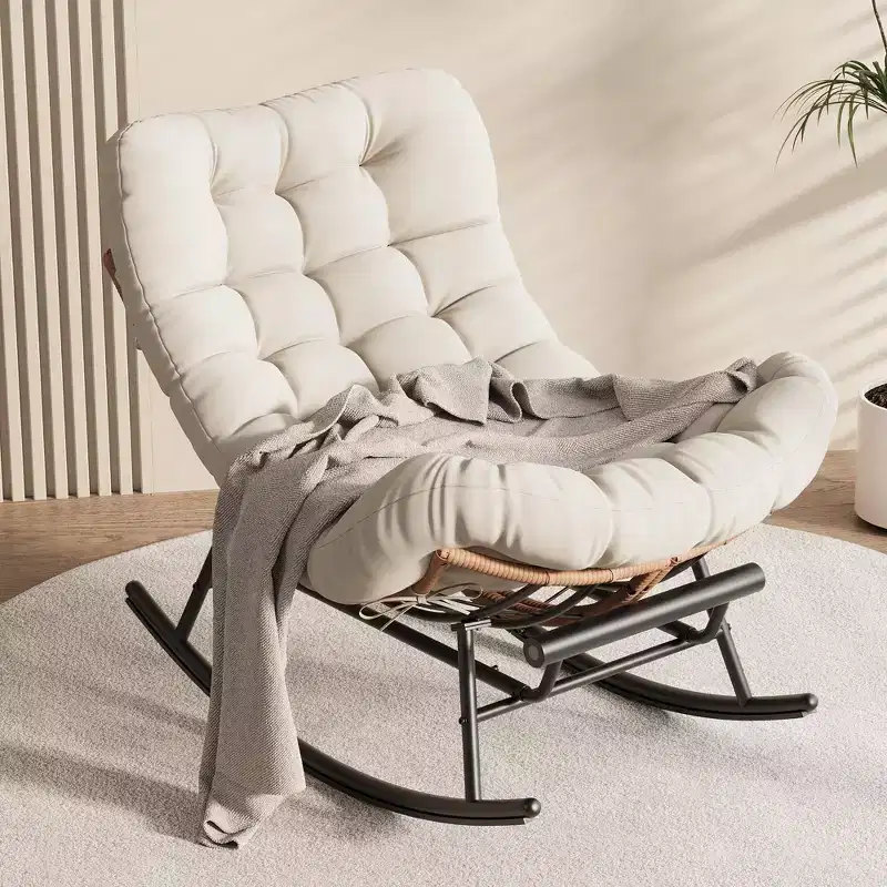 Papasan Rocking Chair with Footrest - Oversized Lounge Chair with Removable Cushion for Patio Garden Living Room 352 LBS Capacity