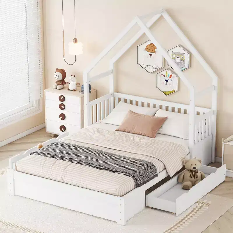 Queen Size Wood House Platform Bed with Guardrail and 2 Drawers