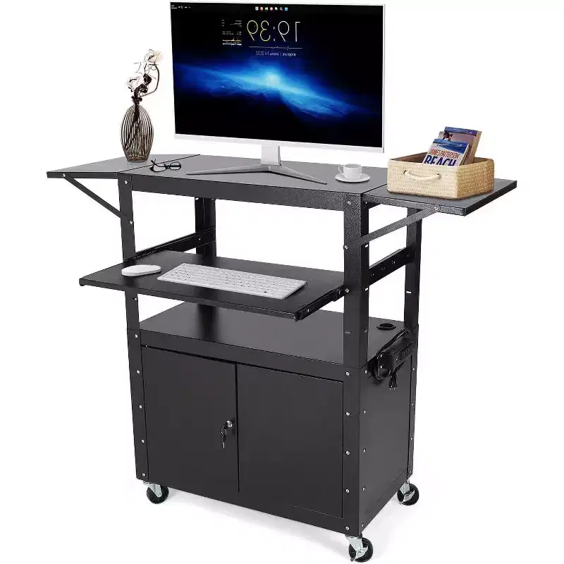 Rolling Av Cart, Height Adjustable Mobile Workstation, Lockable Cabinet, Laptop Stand and Folding Blade, Home Or Office, Black