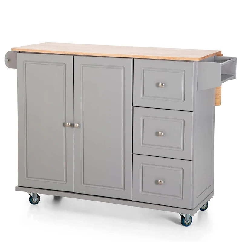 Kitchen Island Cart with Drop-Leaf and Rubber Wood Top, Rolling Kitchen Trolley Cart with Large Storage Cabinet