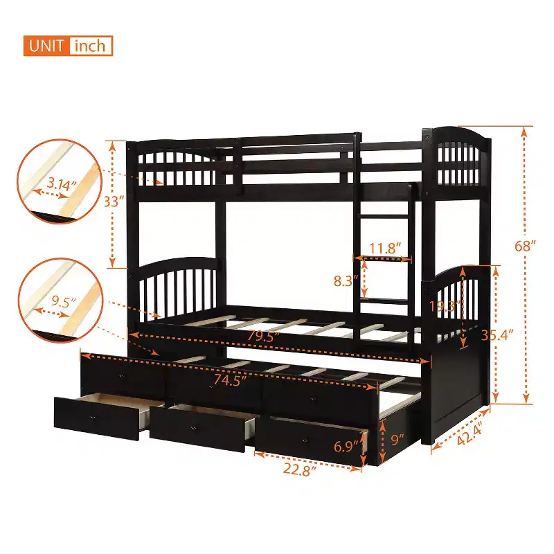 Twin over Twin Bunk Bed with Trundle, Wooden Bunk Bed with 3 Storage Drawers and Safety Rail, Can be Convertible to 2 Beds