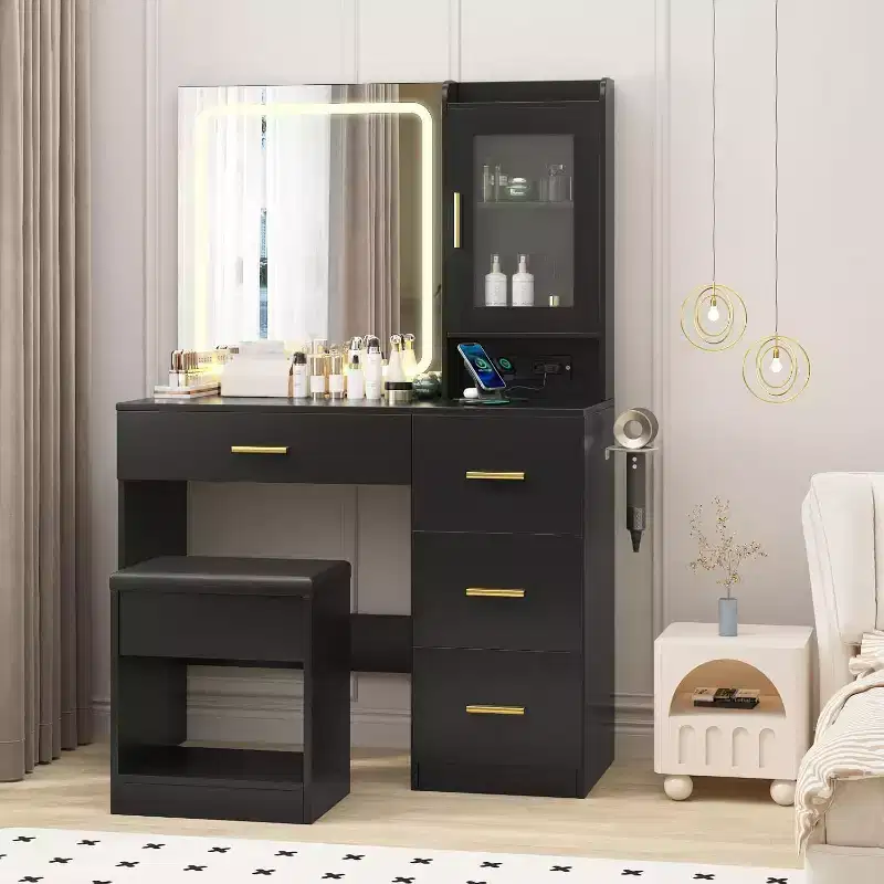 Vanity Desk with Mirror, Modern Makeup Dressing Table, Storage Stool, 4 Drawers, Vanities with Vanity Mirror