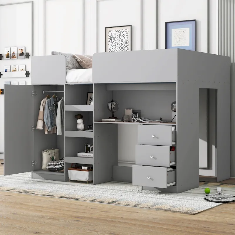 Grey Full Size Solid Wood Loft Bed with Wardrobe, Desk, and Shelves