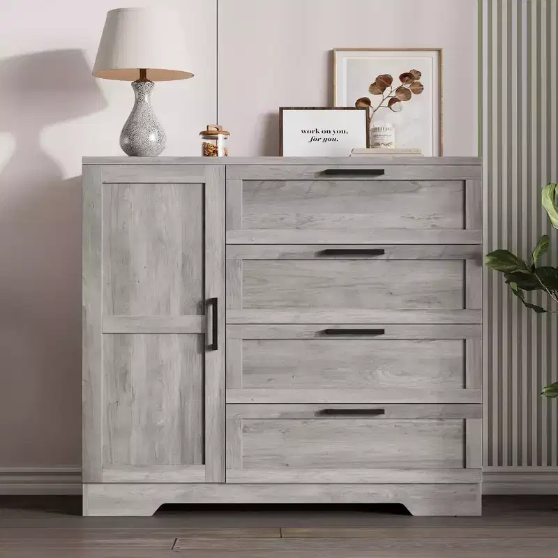43.3''H Armoire Wardrobe Closet with 4 Drawers and 2 Doors,Hanging Rod,Multifunctional Wooden Dresser with Storage Closet,Bathroom Cabinet for Bedroom