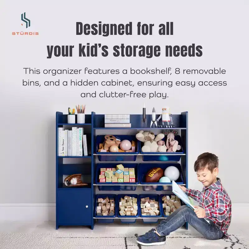 Kids Toy Storage Organizer with Bookshelf and 8 Toy Bins, Children's Playroom Storage Unit
