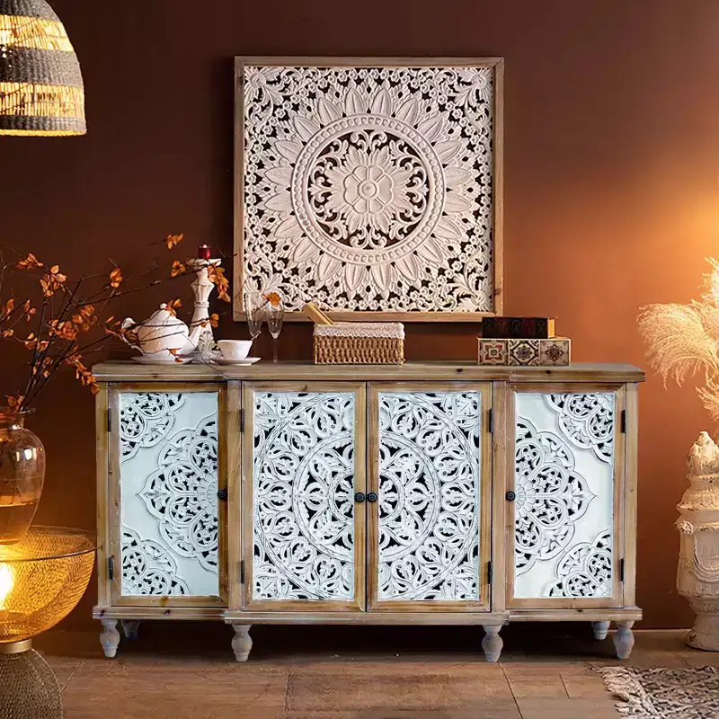 4-Door Hollow-Carved Accent Cabinet, Distressed Wood Storage Cabinet with adjustable shelves,unique design for Kitchen, Dining Room, Natural wood