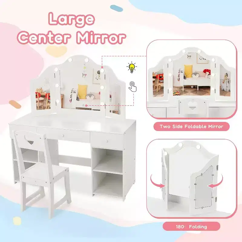 Acekool Kids Vanity Set with Detachable Tri-Folding Mirror, Storage Drawers & Shelves, Makeup Desk & Chair for Girls Bedroom