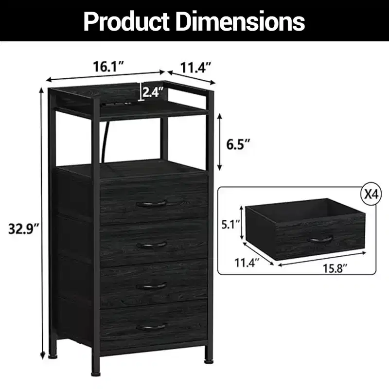 Bedside Table with 4 Fabric Drawers & Open Shelf - Multi-Functional Nightstand for Bedroom, Living Room & Office