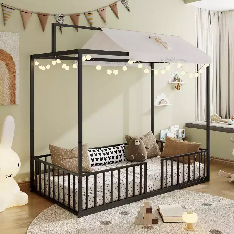 Twin/Full Size 3-in-1 Convertible Montessori Metal Floor Bed, Fenced Toddler Bed, Canopy Platform Bed - ModernLuxe