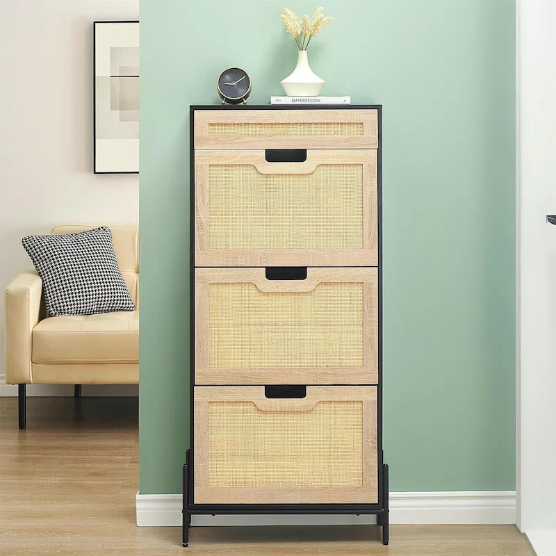 Rattan Shoe Cabinet with Flip Drawers