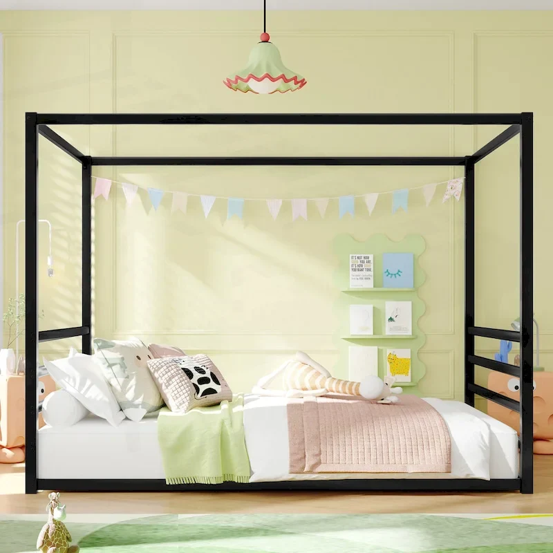 Iron House Bed Frame with Side Guardrails – Full / Queen / Twin