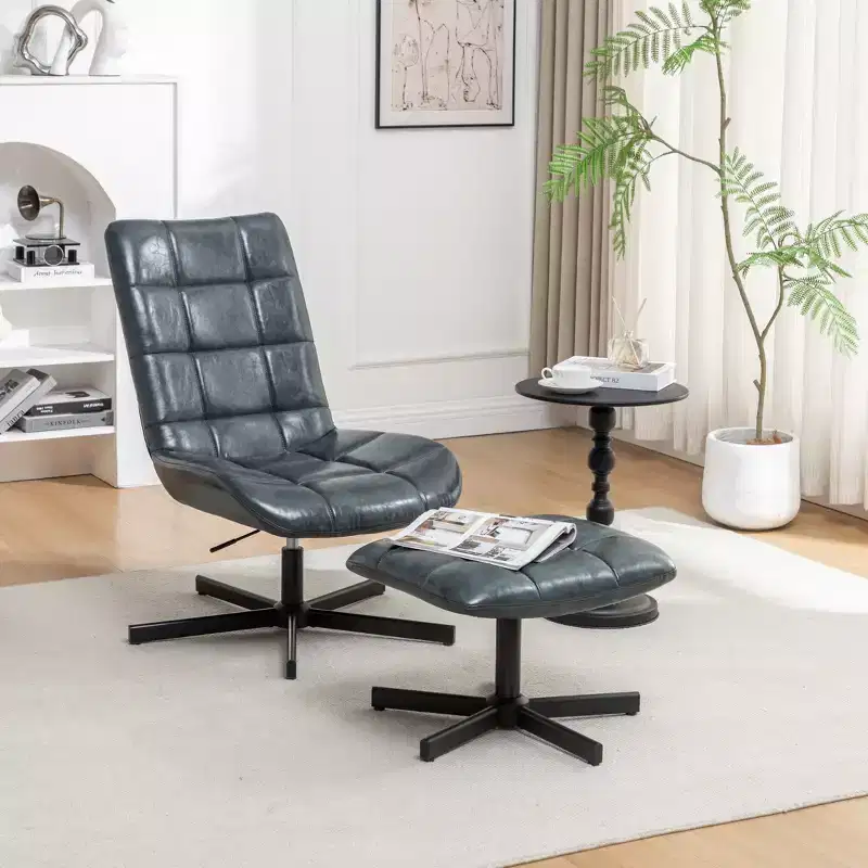 GDFStudio Mora 2 Piece Faux Leather Tufted Accent Chair and Ottoman Set with Metal Base