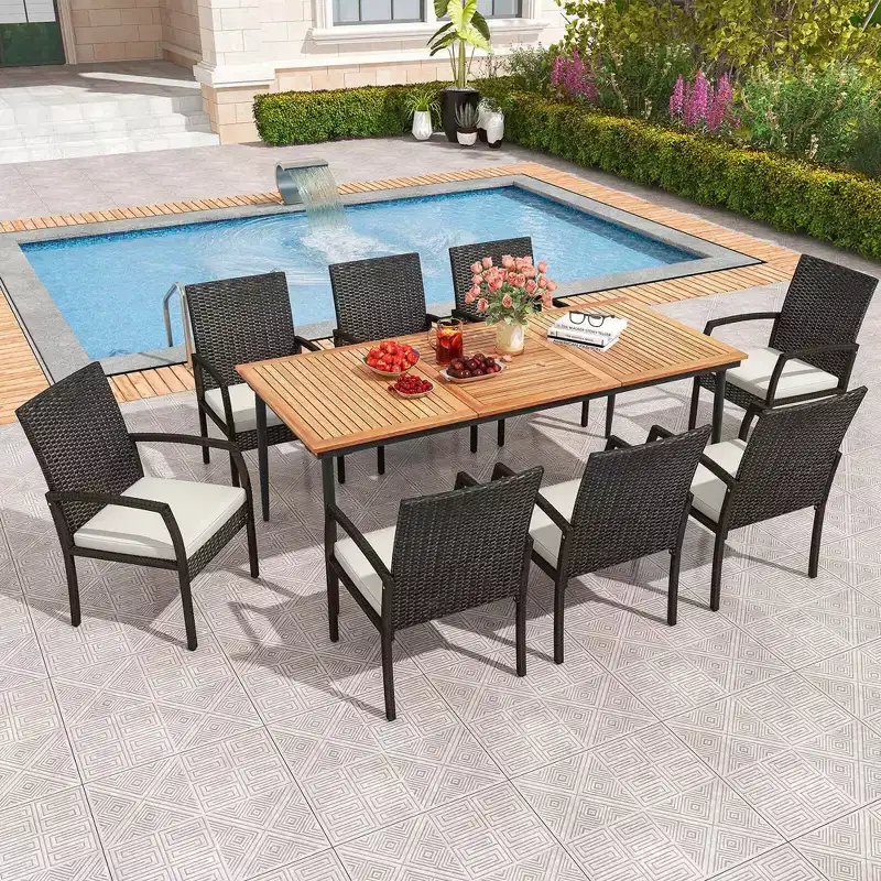 Costway 9 PCS Patio Dining Set Outdoor Acacia Wood Dining Table with 1.9 Umbrella Hole