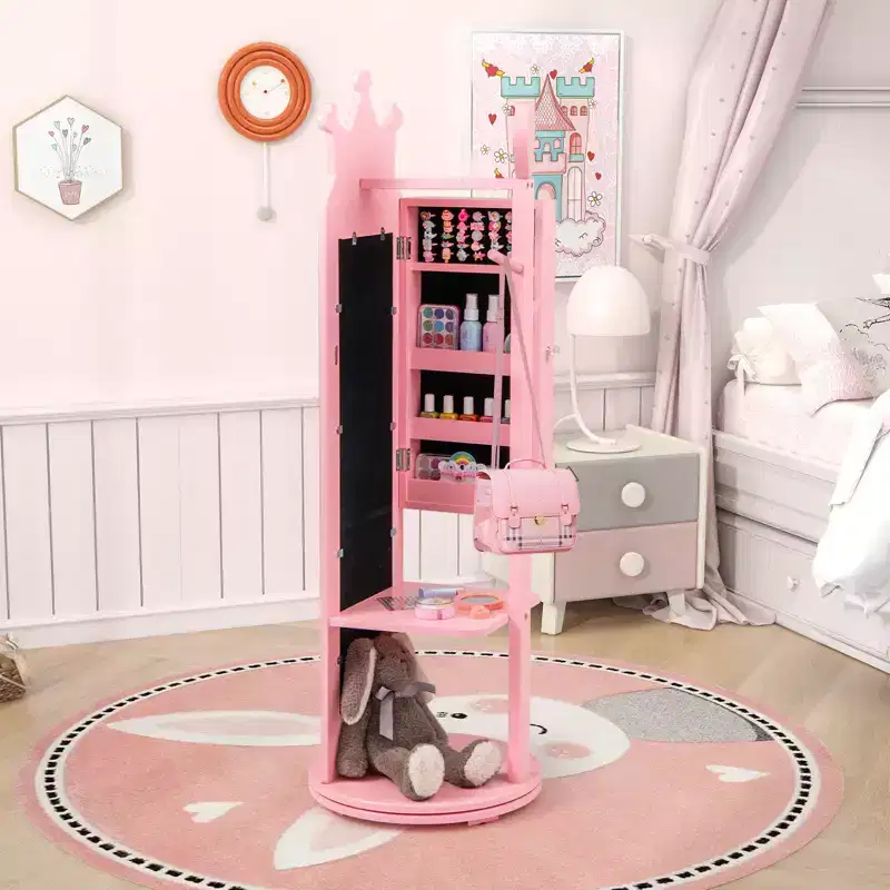 Costway Kids Jewelry Cabinet Standing Children Jewelry Organizer w/ Full-Length Mirror