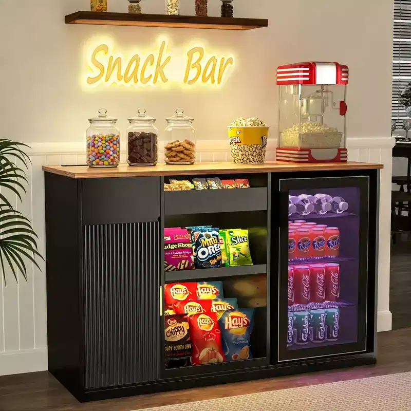 Snack Bar Cabinet with Fridge Space, Snack Organizer with Storage for Home Theater