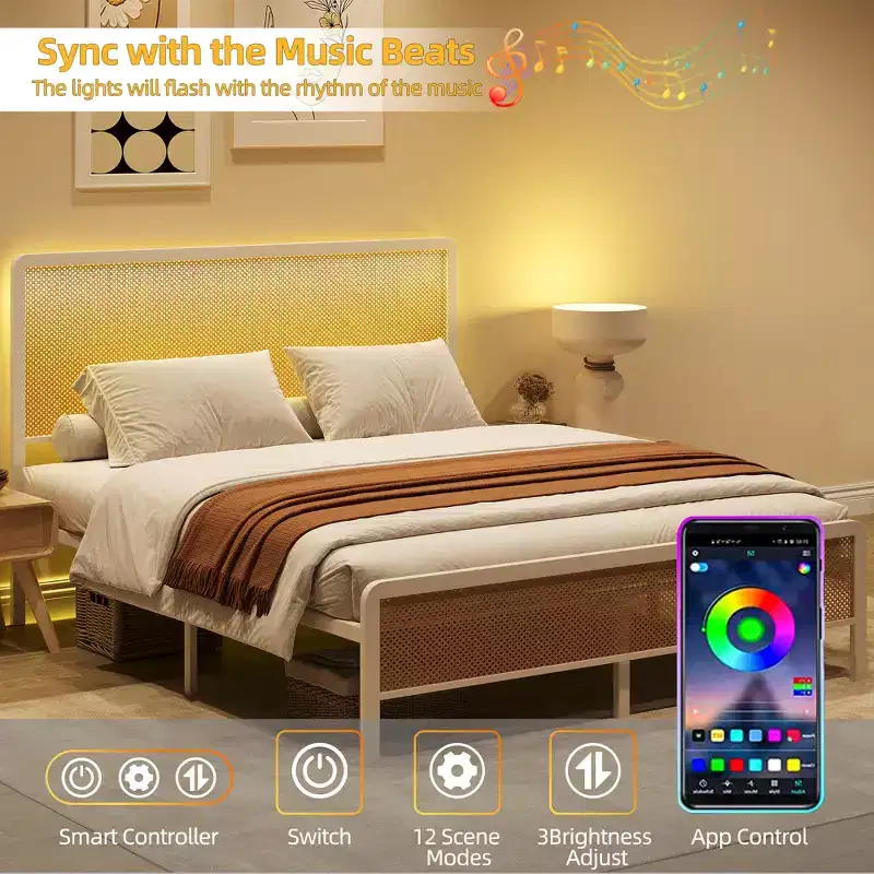 Rattan Platform Bed Frame with Led Light Headboard, Boho Bed Frames with Sturdy Steel Slat Support