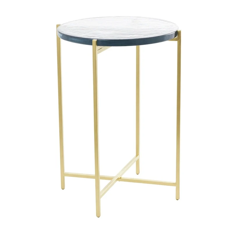 X-Shaped Metal Side Accent Table, Textured Glass Tabletop, Gold or Black Finish, Modern Decor