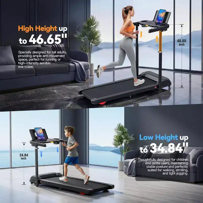 YOUNGFIT 3.5HP Treadmill w/ Desk Workstation & Adjustable Height, 450 lbs Capacity, Portable Folding 15% Incline Walking Pad Treadmill with Handle Bar