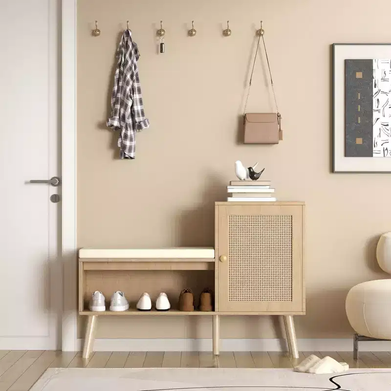 Boho PP Rattan Entryway Shoe Bench with Storage Shelf, Door & Removable Cushion