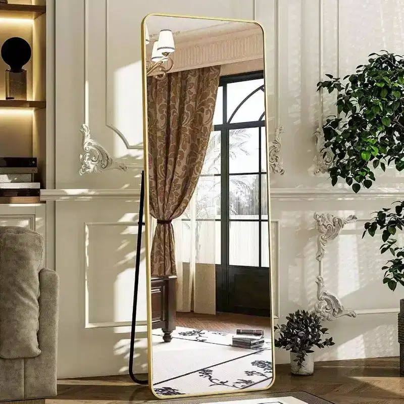 56 Inchx 21 Inch Full Length Mirror with Gold Rounded Corner Aluminum Frame for Living Room Bedroom Cloakroom Wall Standing Mirror
