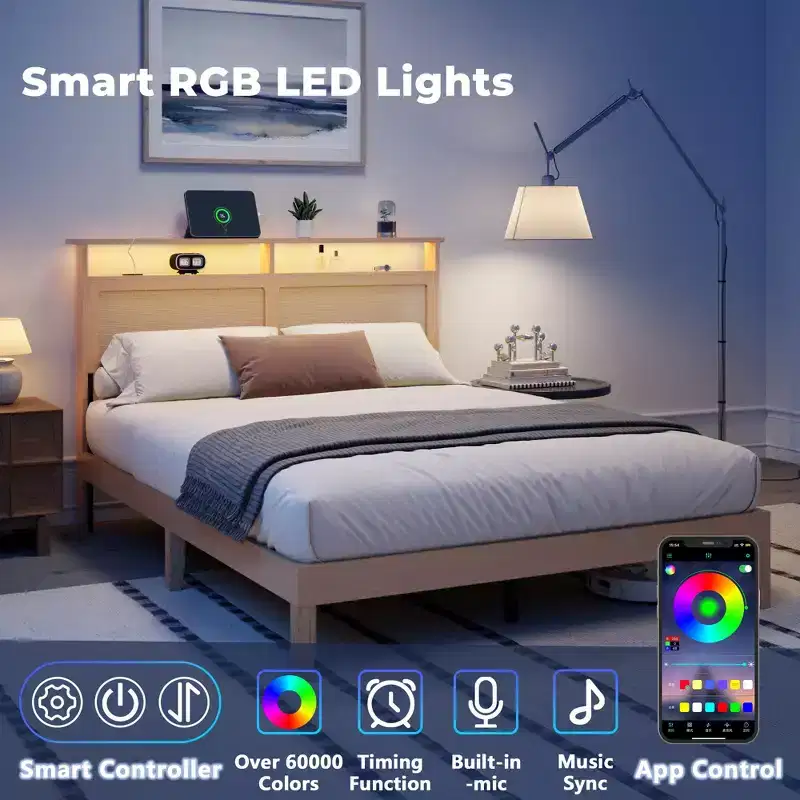 Boho Rattan Queen Bed Frame Natural Wood with LED Lights Charging Station Storage Headboard Platform Bed No Box Spring Modern Bedroom