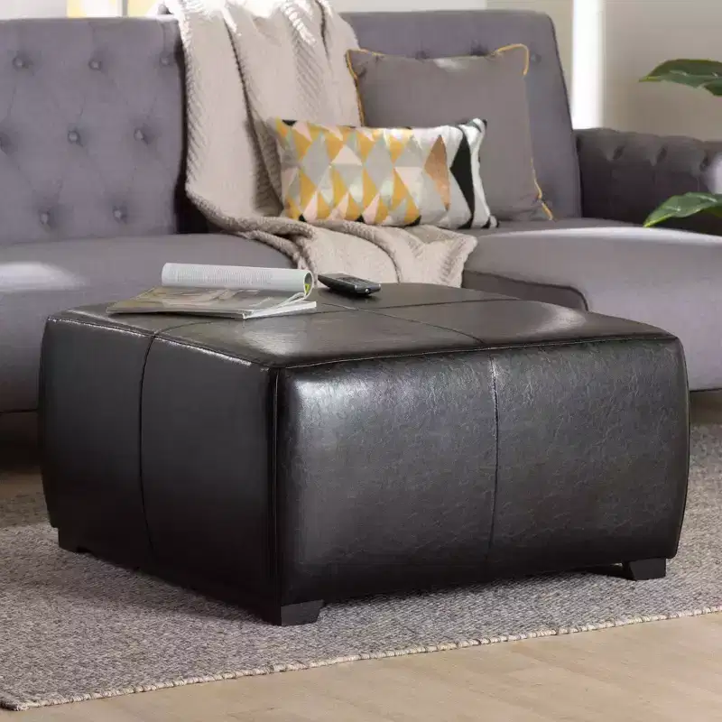 Full Leather Square Ottoman Footstool Black - Baxton Studio: Modern Upholstered, Wood Frame, No Assembly Required
