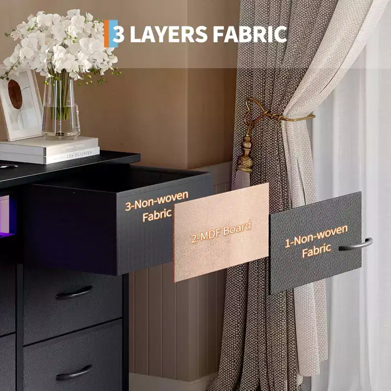 13 Fabric Drawer Dresser for Bedroom, Long Dresser TV Stand with Power Outlet & LED Light