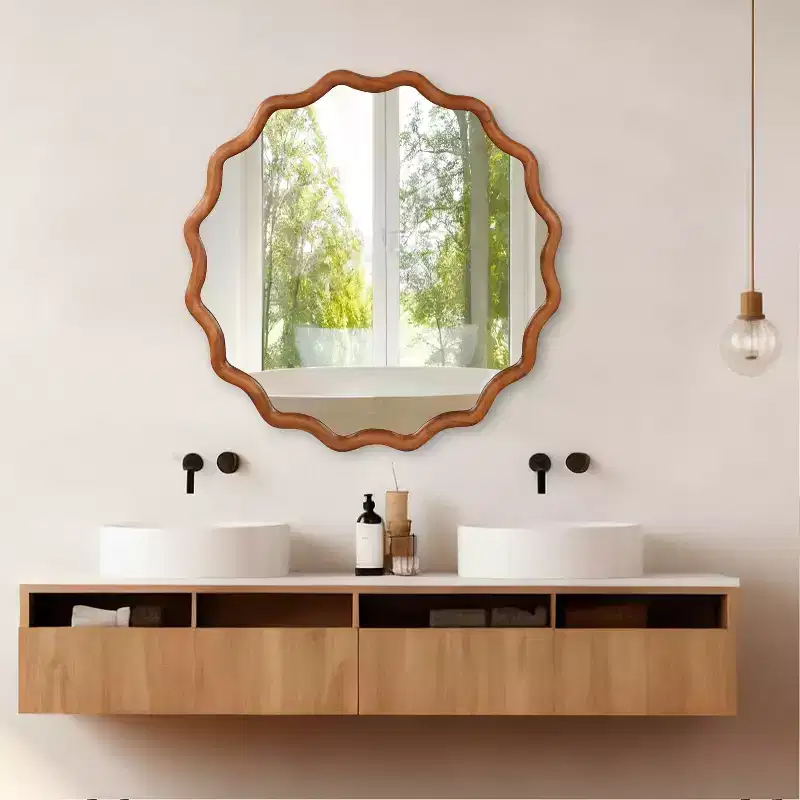 PexFix 36 Wavy Round Solid Wood Frame Decorative Mirror Modern Farmhouse Wall Mirror For Bedroom Bathroom Living Room Entryway Brown
