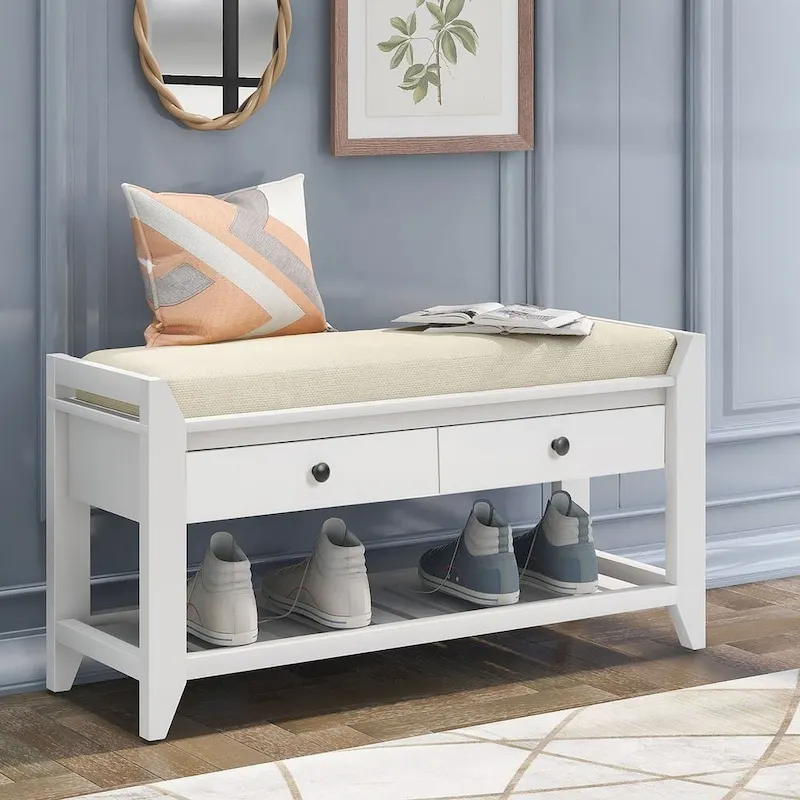 Wooden Storage Bench with Shoe Rack and Drawers