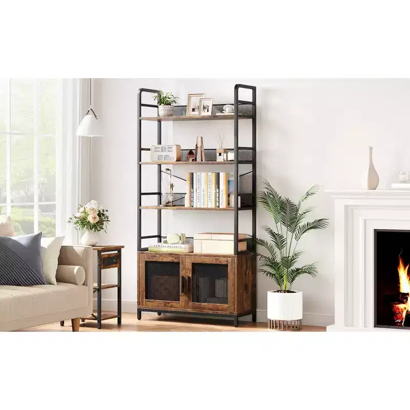 Industrial Bookshelf 3-Tier with Wire Mesh Doors - Vintage Iron & Wood Storage Shelf for Living Room Study, Heavy Duty