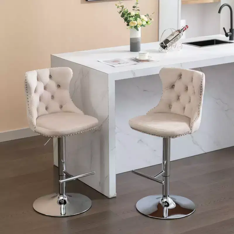 Okak Swivel Velvet Barstools Counter Height Bar Stools Set of 2, 360Swivel Barstools with Back Tufted & Matte Silver Frame