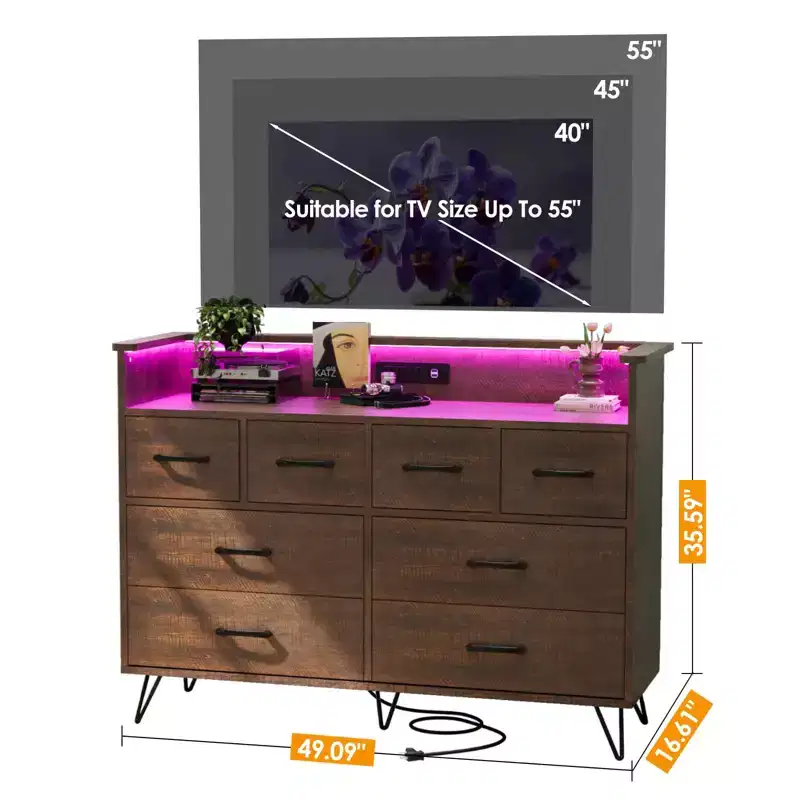 8-Drawer Dresser with Charging Station & RGB Lights | Wide Bedroom Dresser Chest with 3 Outlets + 2 USB Ports, App-Controlled LED Lighting for Gaming