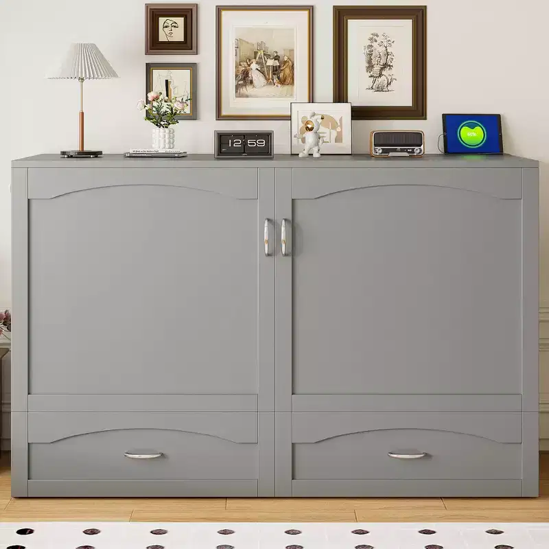 Queen Size Murphy Bed Wall Bed with Drawers, Sockets & USB Ports, Pulley Structure, Gray
