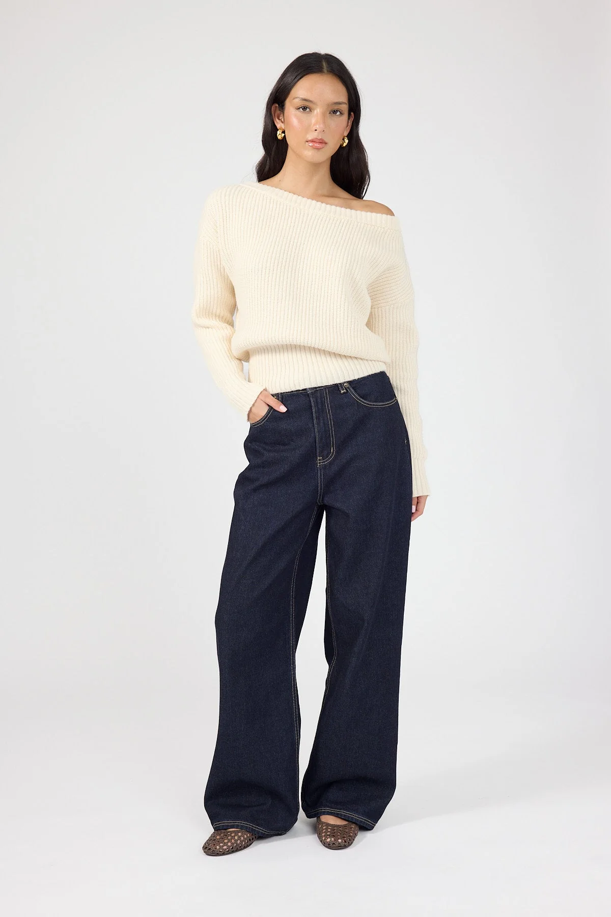 Off Shoulder Knit Jumper Cream