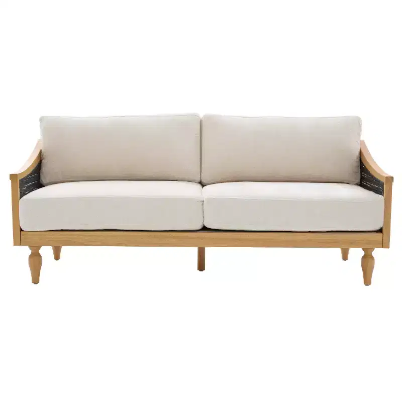 Christopher Knight Home Sachiko 70.9 Mid-Century Modern 2-Seater Rubberwood Chenille Upholstered Sofa with Rattan Armrests