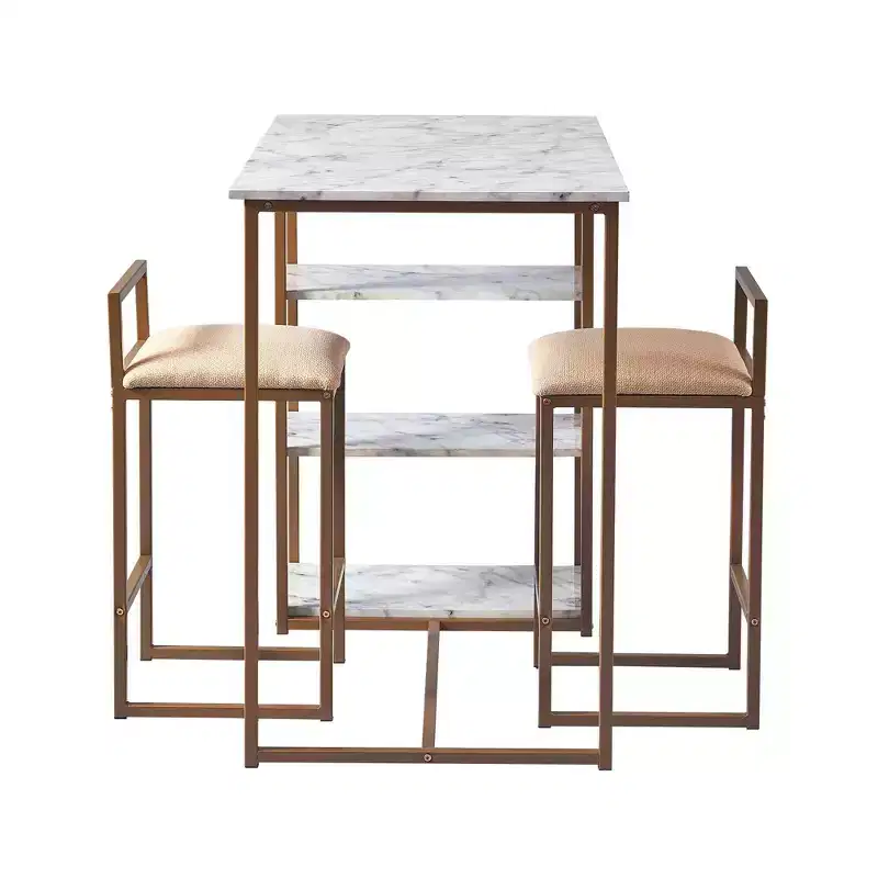 Teamson Home Marmo Breakfast Table Dining Set with Faux Marble Top Brass: 3-Piece, Modern Style, Lacquered Finish, Upholstered Stools