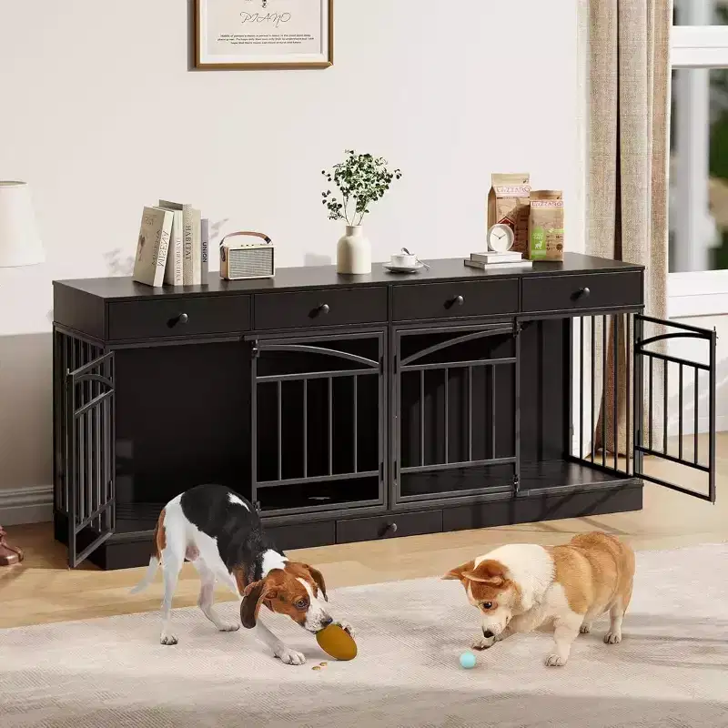 Multi-Functional Dog Crate Furniture, 4 Storage Drawers, Feeding Bowls, TV Stand Function, for Living Room