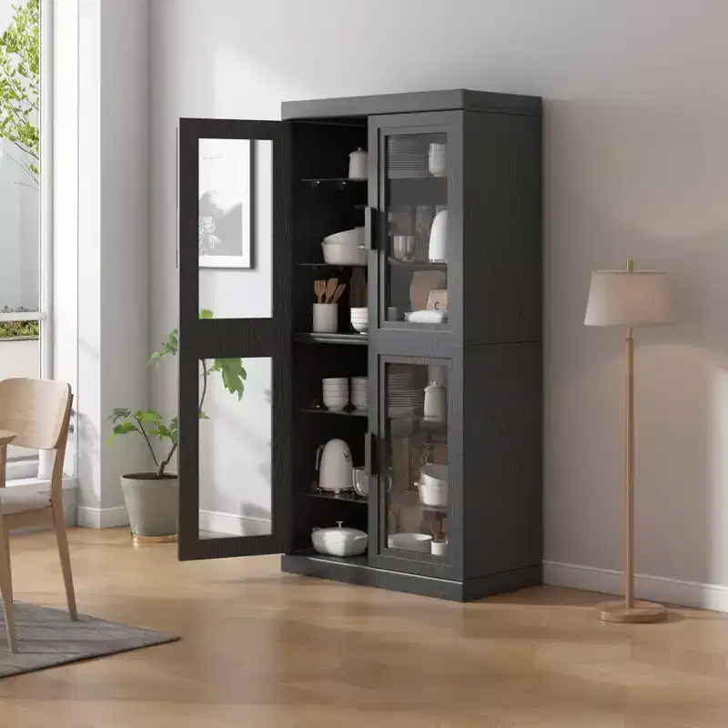 Wood Accent Cabinet in Black, Storage Organizer with Adjustable Shelves and Glass Doors for Kitchen Bedroom Living Room Dinning Room
