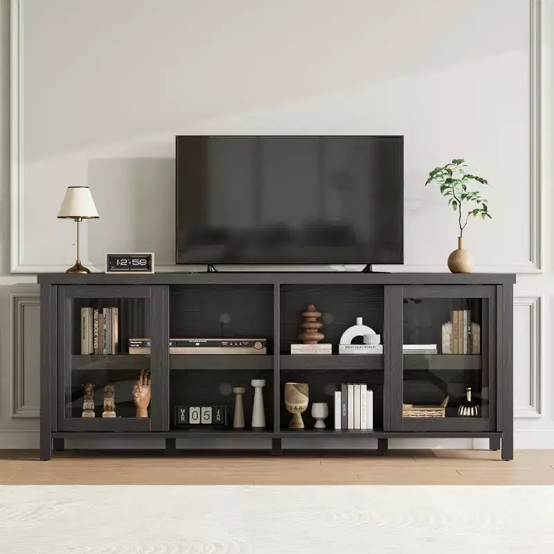 TV Stand for 65 Inch, Style Entertainment Center with Storage Cabinet and 4 Sliding Glass Doors, Modern TV Console Table for Living Room, Bedroom