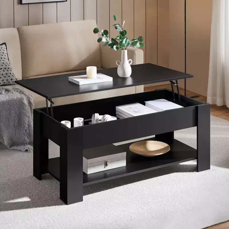 Lift Top Coffee Table with Hidden Compartment & Open Shelf For Living Room